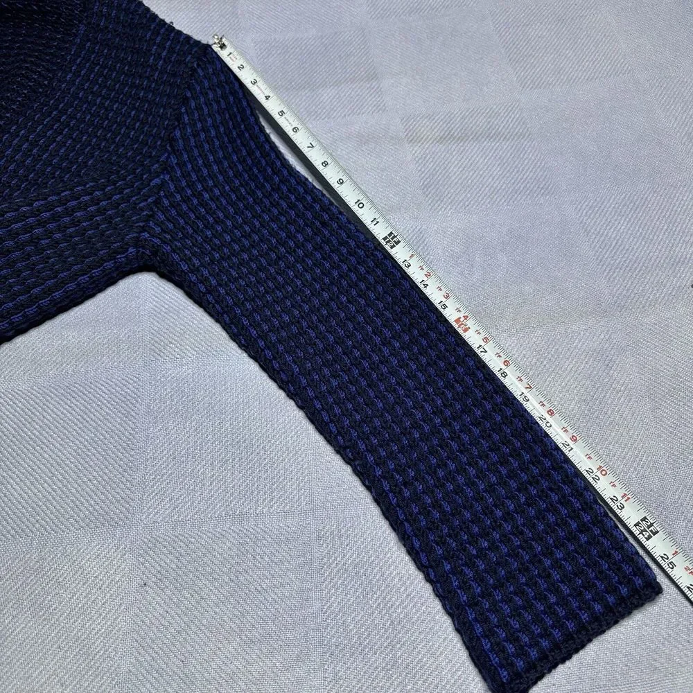 Tory Burch Black Blue Merino Wool Waffle Knit Cardigan‎ Sweater Women's Sz Large